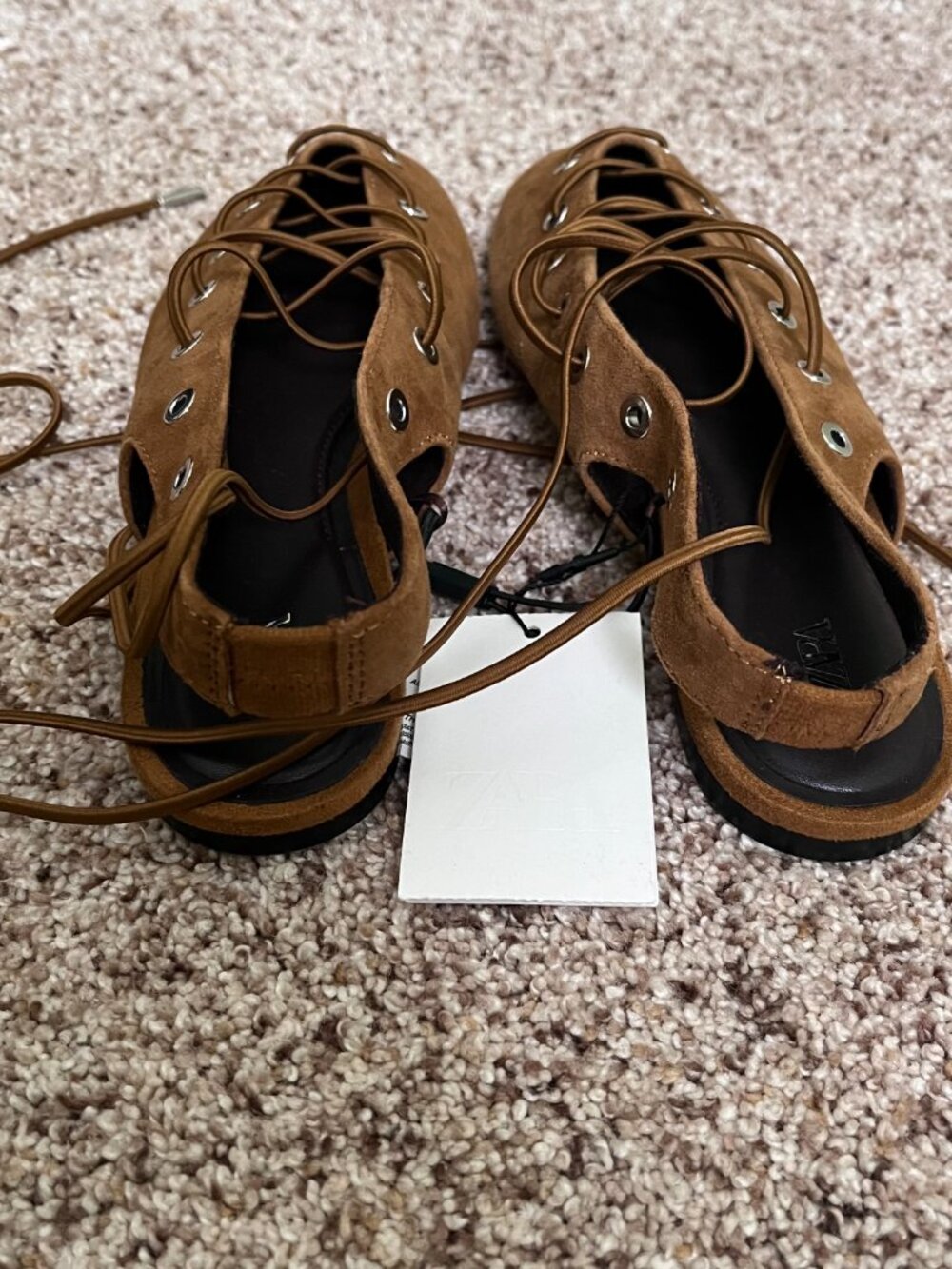 ZARA Dark Tan Suede Slingback Ballet Flats Lace Up Eyelet Shoes Size 6 NWT Chic - Picture 8 of 10